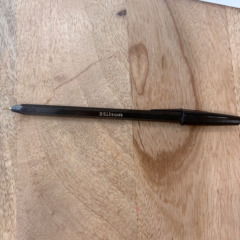 Vintage Hilton Hotels Promotional Ballpoint Pen Black Gold Hexagonal Souvenir